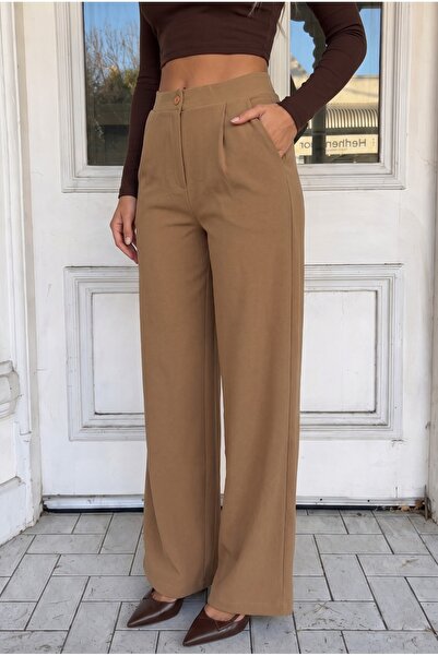 BİKELİFE Women's Tan Relaxed Fit Wide Leg Lycra Trousers