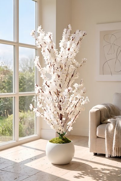 Armada Flora 120 cm Yoğun Çiçekli Yapay Beyaz Bahar Dalı Ağacı 27*33 Küre Sak...
