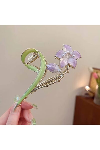 Glamluxe Gold Color Floral Lilac Purple Lily Design Metal Hairpin with Green ...