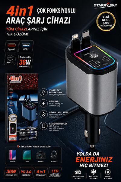 pazariz 66W 4’ü 1 Arada Starry Sky Araç Şarj Cihazı – Geri Çekilebilir Type-C & Lightning Kablo, USB-A, PD 3.0 Hızlı Şarj, RGB LED Yıldız Tavan Projektörü, 12V-24V Uyumlu Çoklu Şarj Adaptörü