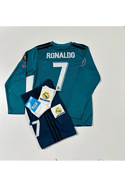 Real Madrid 2018 Cristiano Ronaldo Turkuaz Röveşata Uzun Kol Çocuk Forması (ARMALI SET)