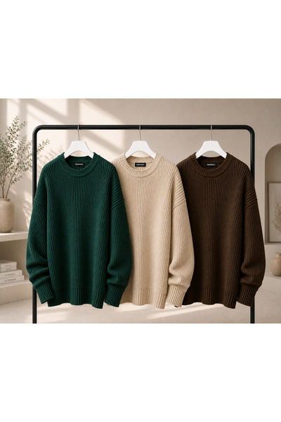 DepoExport Women's 3-Piece Crew Neck Oversize Knitwear Sweater Soft Knitted S...
