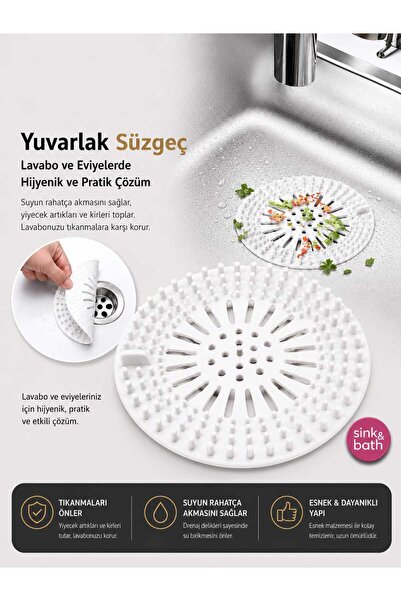 Yuvarlak Lavabo ve Evye Süzgeci – Esnek Gider Koruyucu - BEYAZ