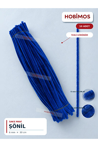 Hobimos 10 Adet Saks Mavi Şönil Tel - 6 mm x 30 cm - Tüylü Çubuk Çiçek ve Hob...