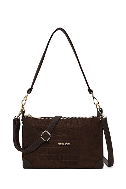 Derimod Women's Brown Printed Long Strap Suede Shoulder Bag Wb50001390