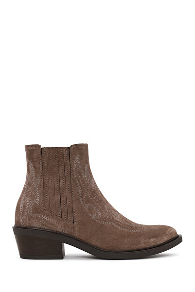 Derimod Women's Mink Short Thick Heeled Embroidered Suede Leather Cowboy Boot...