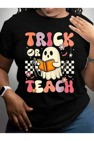 29CUN تي شيرت Groovy Teacher Retro Trick Or Teach Floral Ghost Halloween للرج...