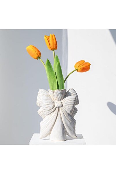 Generic Boho Bow Vase, 7" Ceramic Flower Holder, Beige White Textured Decor, ...