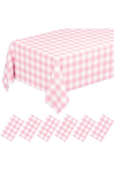 Generic 6 Pack Pink Gingham Plastic Tablecloths, 54 x 108 Inch Disposable Pin...