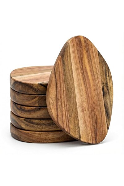 Generic Set of 6 Acacia Wood Coasters – 16.6 × 10 cm Drink Coasters with Anti...