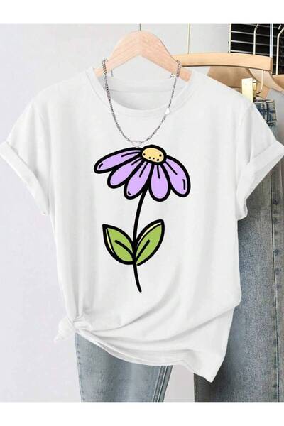 25W Women's Vintage Distressed Purple Daisy Print T-Shirt - Soft Round Neck S...