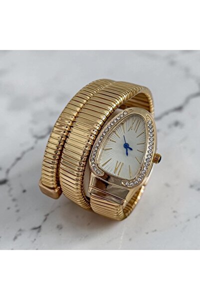 Kadın Gold Yılan Model Dolamalı Çelik Kol Saati - Taş Detaylı Retro Sarmal Bileklik Saat