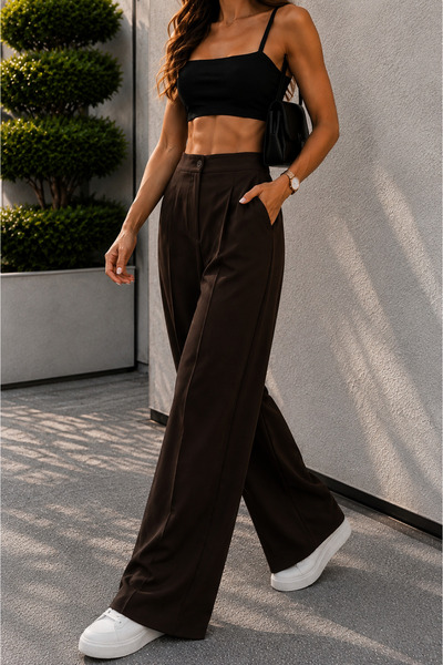 Sun Victoria Brown Palazzo Elastic Waist Trousers Oversize Original Cut