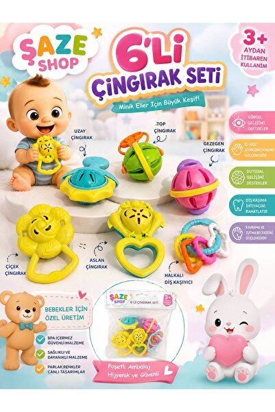 SAZE Şaze Shop 6’lı Bebek Çıngırak Seti Diş Kaşıyıcılı Renkli Eğitici Bebek O...
