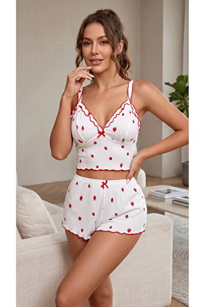 DYZSTAR Women's White Pajama Set with Strawberry Patterned Ribbed Shorts