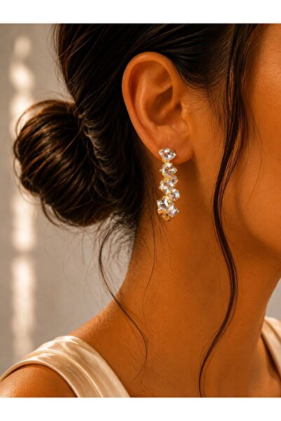 MARE BUTİK Crystal Stone Gold Dangle Earrings – Sparkling Geometric Design