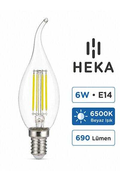 E14 6W LED Filament Kıvrık Alev Mum Ampul Şeffaf Cam 6500K Beyaz Işık 690 Lümen