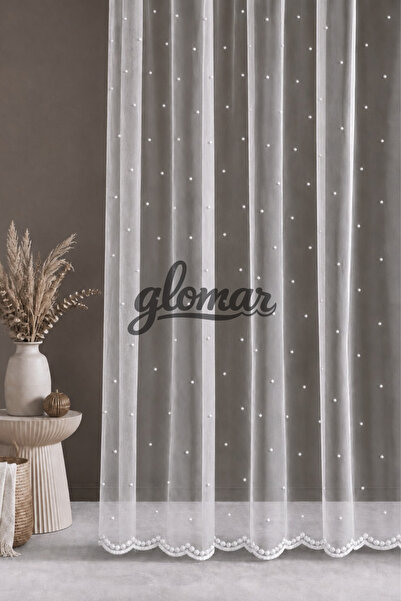 GLOMAR Puantiyeli Damla Desenli Eteği İşlemeli 1/3 SIK PİLELİ Tül Perde Her O...