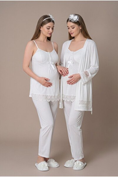 LOHOUSE Women's Ecru Thin Strap Lace Maternity Pajama Set with Dressing Gown