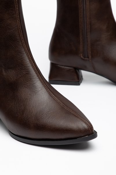 moda rees Brown Women's Leather Short Heeled Zippered Winter Boots