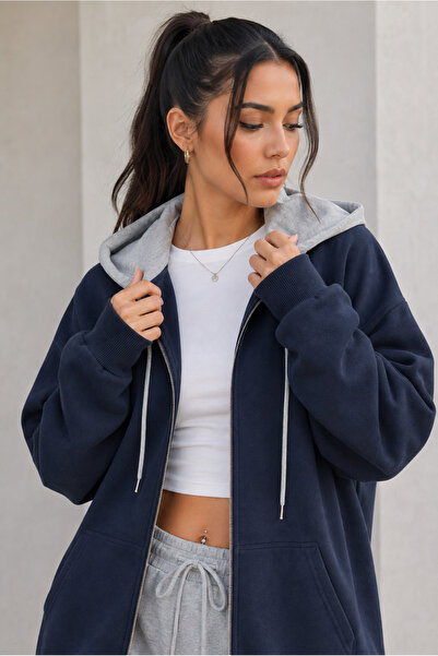 Moda Minimo Women's Oversize Hooded Cardigan Jacket Full Zipper Hooded Cardig...
