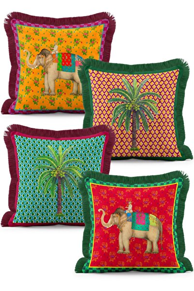 IdeCraft Indian Themed Elephant and Palm Tree Patterned Ethnic 4-Piece Fringe...