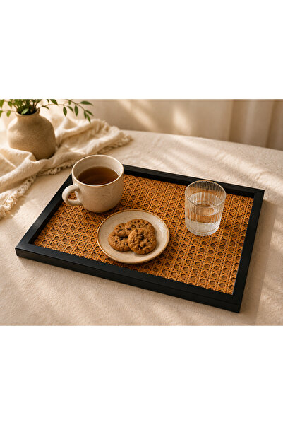 Terreamour Rectangular Wooden Serving Tray with Rattan Cane Webbing – Handmad...
