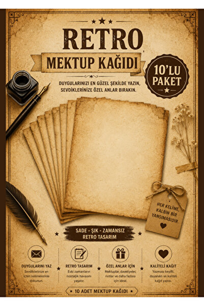 Pembe Yayınevi Mektup Kağıdı Seti A4 - Retro Eskitilmiş Desenli Vintage Kağıt...
