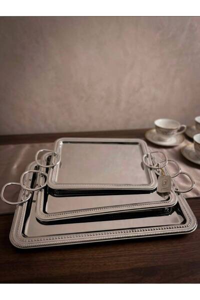 aljahwari Set of 3 Serving Trays Silver Shiny T2164/3/C
