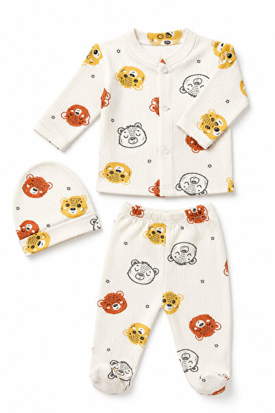 MYZİ STORE Baby Teddy Bear Patterned 3-Piece Set: Top, Bottom, and Beanie