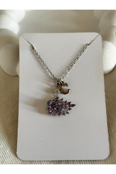 bijoux uniques Mor zirkon taşlı kuğu model C harfli 316L çelik kolye