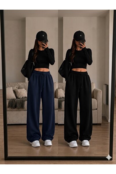 Genel Markalar 2'Li Basic Oversize Kadın Eşofman Altı Siyah-Lacivert