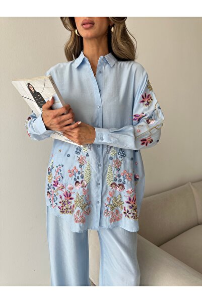 MİA NOURA Women's Oversize Shirt with Beading on Front, Back and Sleeves