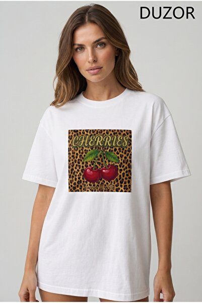 Duzor Women's Cherries Leopard Tshirt White