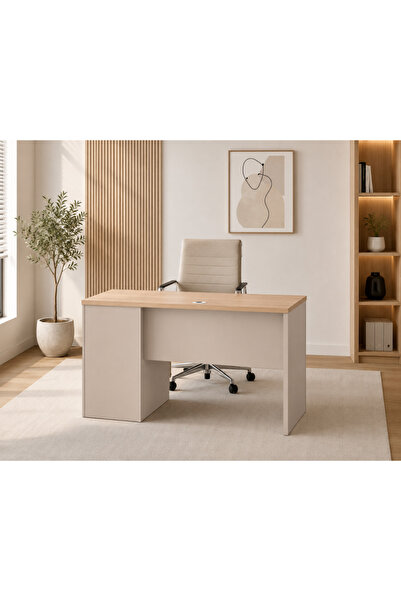 Palma homez مكتب خشب فاتح تصميم حديث 120×60×75 بيج فاتح درج واحد وخزانة جانبية