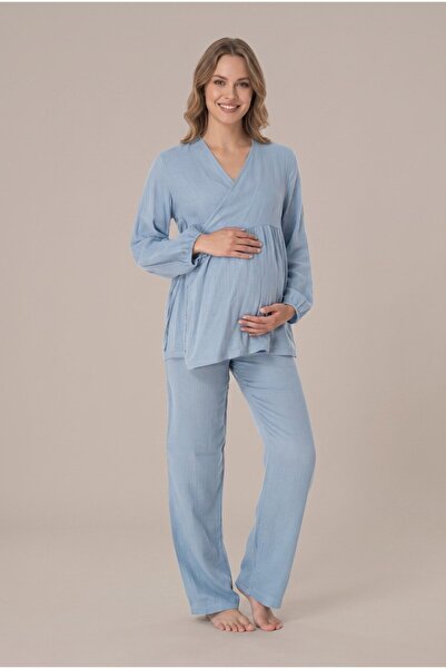 Pelin Women's Indigo Muslin Cotton Fabric Long Sleeve Double Breasted Collar ...