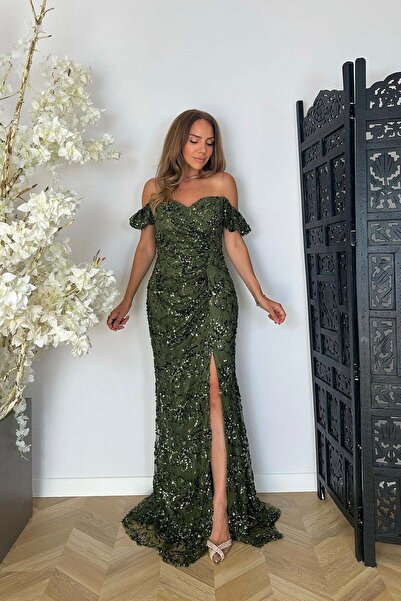 gesmoda G1853 Madonna Yaka Payet Maksi Abiye Elbise Haki