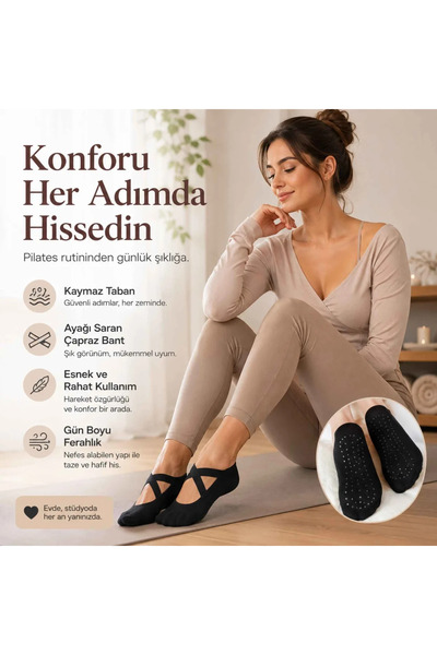 Berselya Underwear&Accessories Kaymaz Tabanlı 3'lü Kadın Balerin Tasarımlı Yoga Pilates Çorabı Çapraz Bantlı Spor Çorap Hac Umre Ço