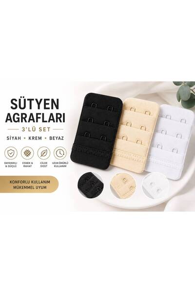 3'lü Sütyen Agrafı Kopçası Seti Siyah Beyaz Krem