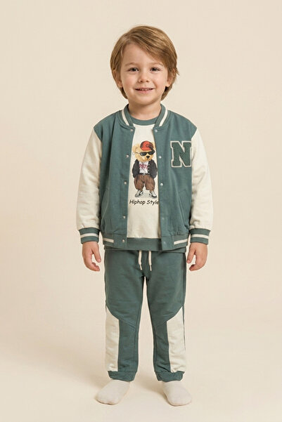 zumino Boys' College Jacket Teddy Bear Printed 3-Piece Tracksuit Set
