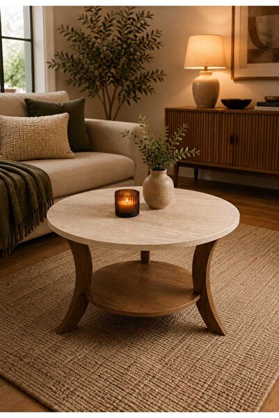menalART Ağaç Tasarım Orta Sehpa Traverten Desen Ceviz 75 cm Çap - MDF Ayak 46 cm Yükseklik Modern Orta Sehpa Ceviz Traverten