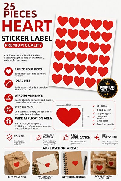 Organizasyon Pazarı 25 Pieces Red Heart Sticker Labels 4 cm Decorative Heart ...