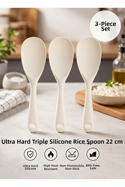 TARIK HOME Set of 3 22 cm Hard Tip White Silicone Mixing Spoons, Pilav Spoons...