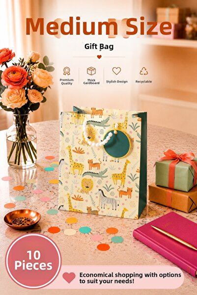 Daks 10 Pcs (23 X 18 X 10 cm) - Medium Size Cardboard Gift Bag with Safari An...