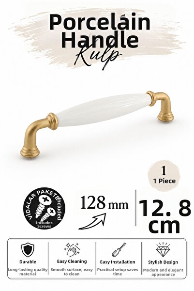 Badem10 Mâner din porțelan Elissa, auriu mat, 128 mm, 12,8 cm, pentru mobilie...