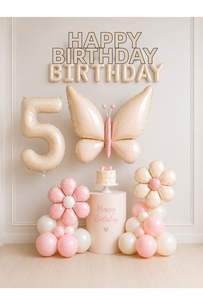 Balonsan Retro Cream Butterfly and Daisy -5- Numbered Happy Birthday Balloon Set