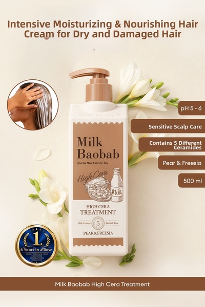 Milk Baobab بلسم شعر مرطب ومغذي بتركيز عالٍ، علاج هاي سيرا (الكمثرى والفريزيا)