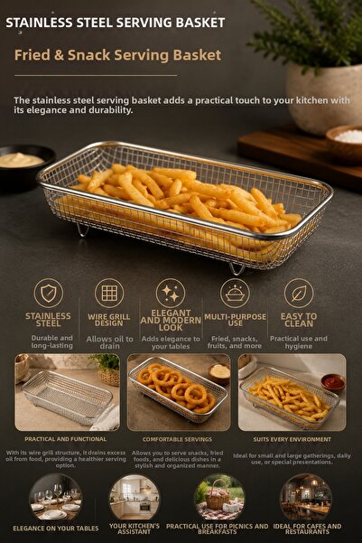 DİVAYS Steel Presentation Plate Frying Pan Snack Serving Basket Stainless Wir...