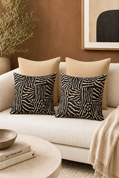 HOMESSA Black Beige Ethnic Zebra Patterned Set of 4 Throw Pillow Covers Decor...