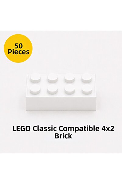 OyuncaklarÜlkesi Lego Compatible Classic 50 Pieces White Color 4X2 Brick Bloc...